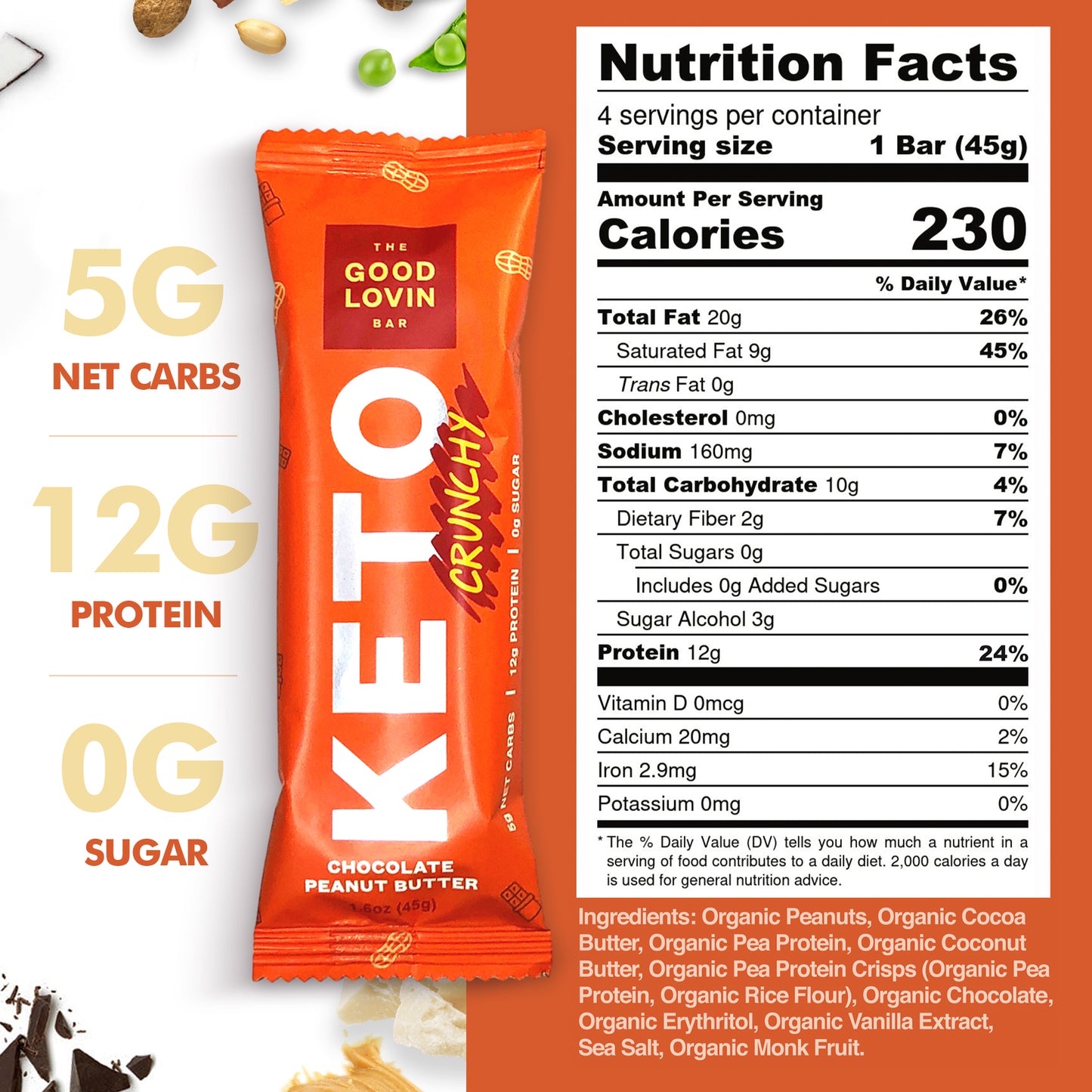 BEST ORGANIC KETO BAR “CRUNCHY” Chocolate Peanut Butter (4ct)