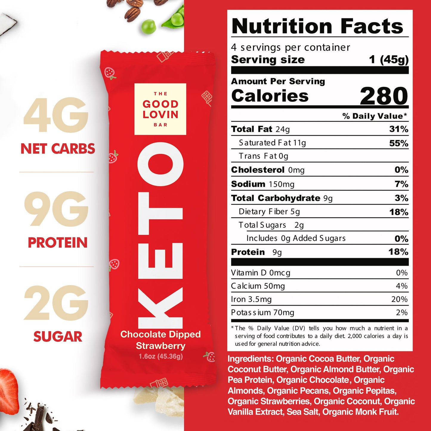 ORIGINAL ORGANIC KETO BAR Chocolate Dipped Strawberry Flavor (4ct) Refrigerated Snack Bar The Good Lovin' Bar