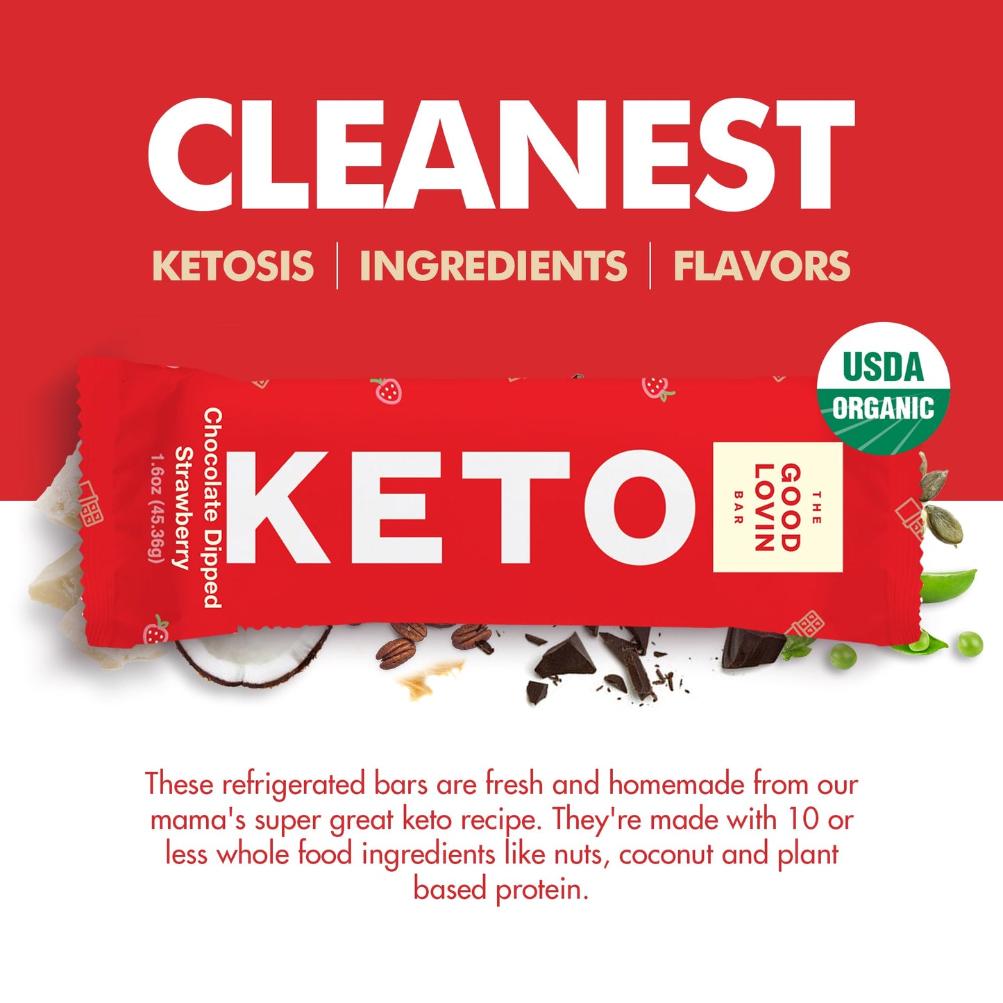 ORIGINAL ORGANIC KETO BAR Chocolate Dipped Strawberry Flavor (4ct) Refrigerated Snack Bar The Good Lovin' Bar