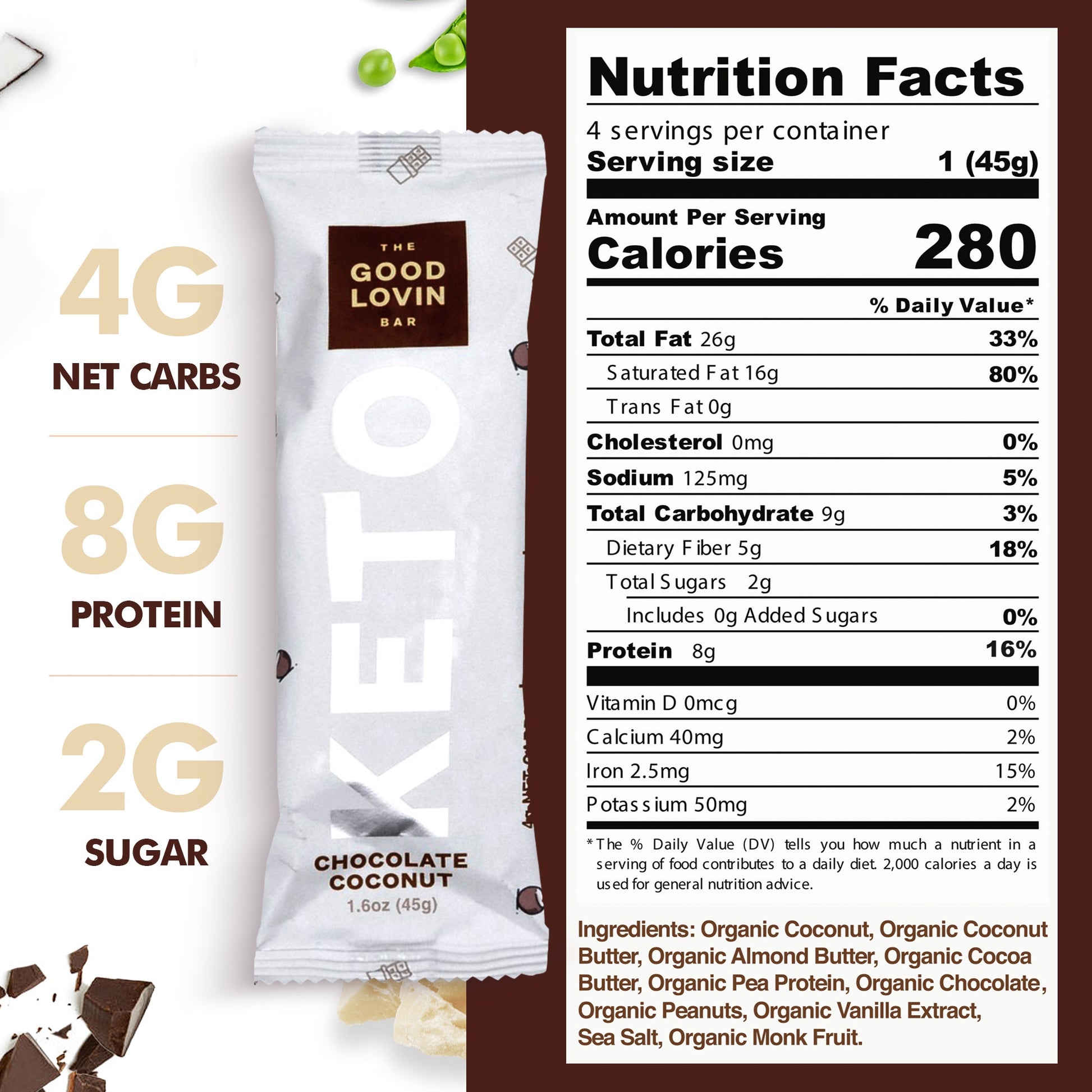 ORIGINAL ORGANIC KETO BAR Chocolate Coconut Flavor (4ct) Refrigerated Snack Bar The Good Lovin' Bar 