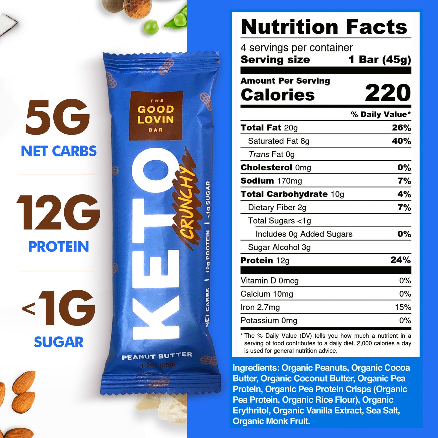 BEST ORGANIC KETO BAR “CRUNCHY” Peanut Butter (4ct)